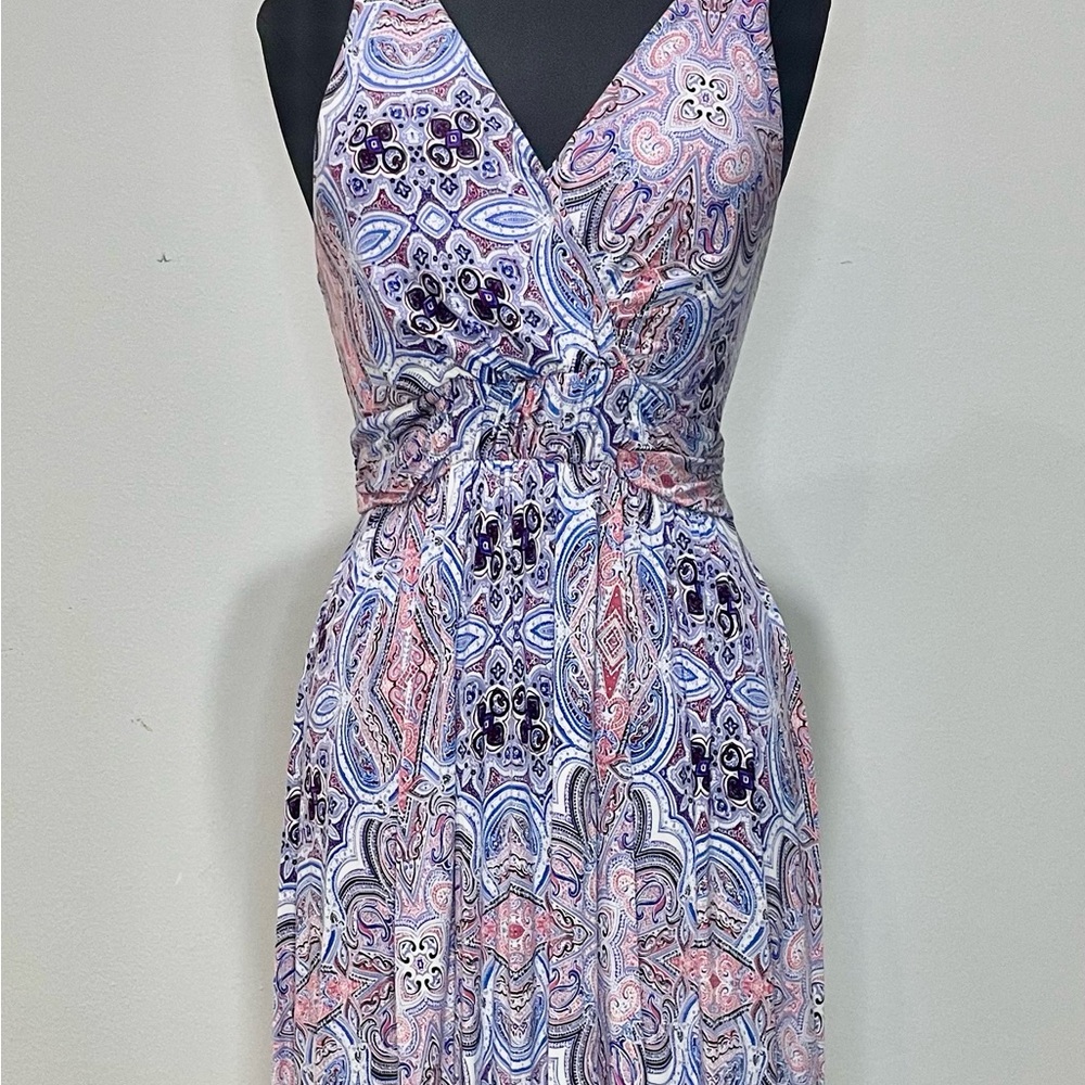 Soma Blue and Pink Pleated Wrap Midi Dress Hanker chief hem